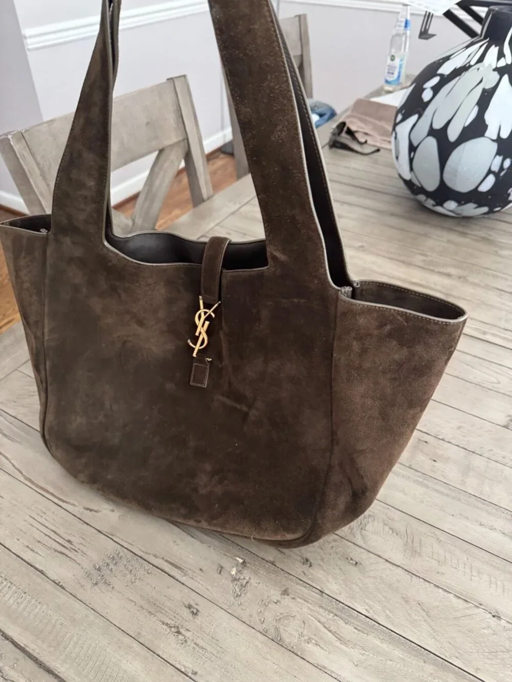 SAINT LAURENT LE 5 À 7 BEA Suede Tote Shoulder Bag Musk Brown Gold - Picture 6 of 14